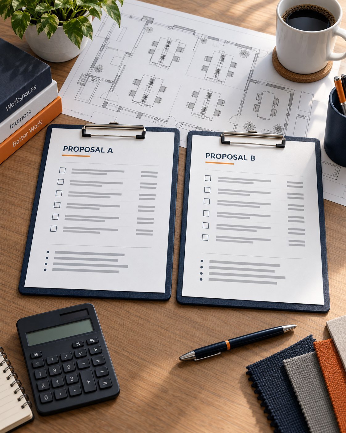 Two office furniture installation proposals beside a calculator and office floor plan